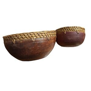 Set of two wooden bowls weaved rattan‎ edges handmade bohemian round